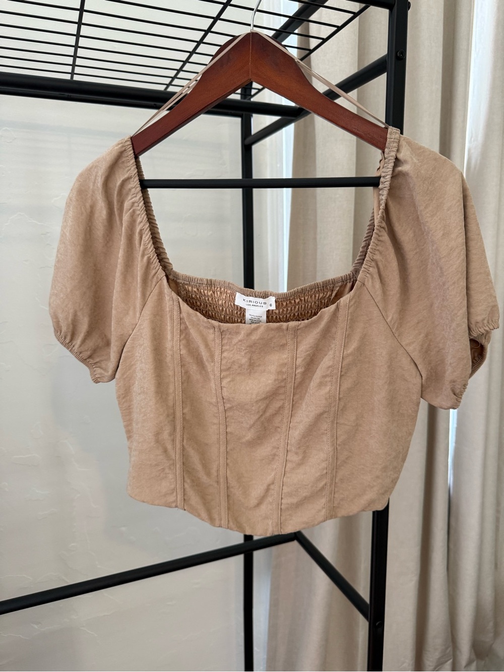Kirious Tan Puff Sleeve Square Neck Crop Top